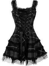 Goth Dark Plaid Bandage Gothic Women A-line Dresses Grunge Aesthetic Lace Trim Patchwork Mini Dress Punk Bodycon Sexy Partywear